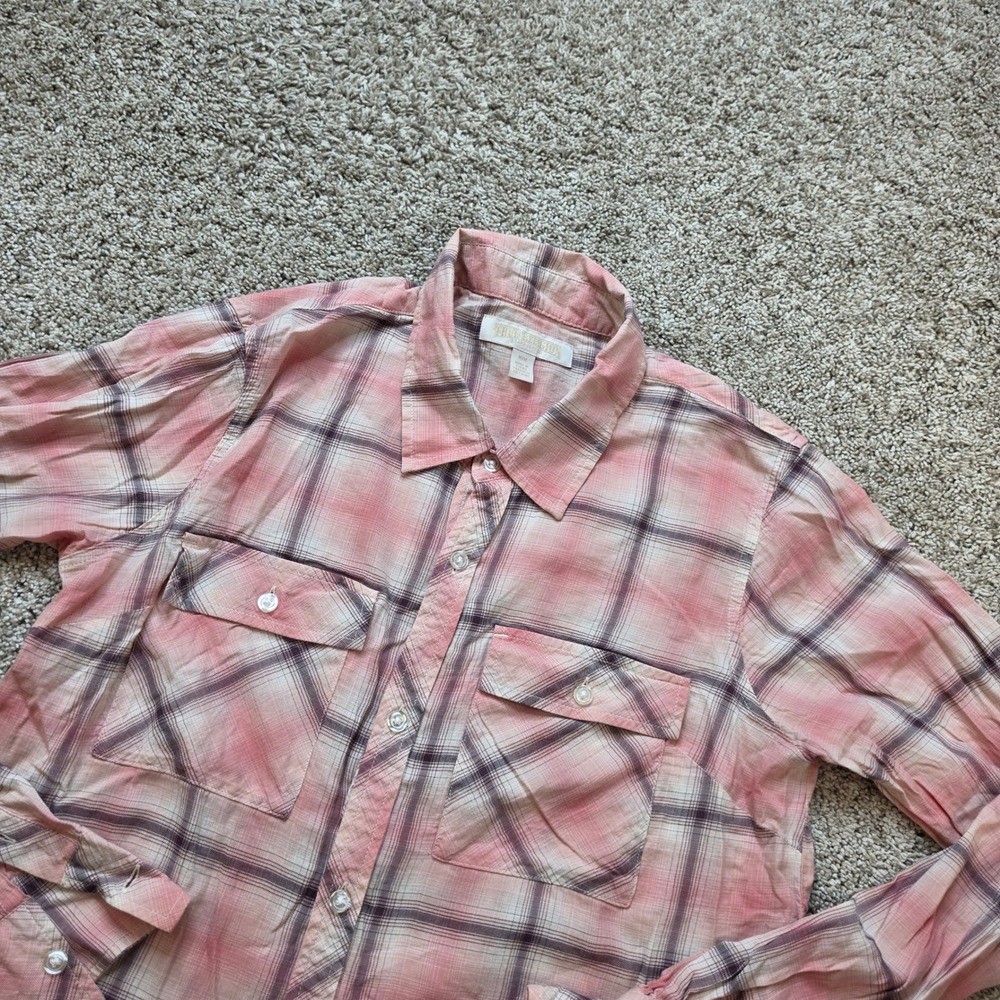 True Religion Plaid Button Down Shirt Womens Medium Pink Purple Cotton Western